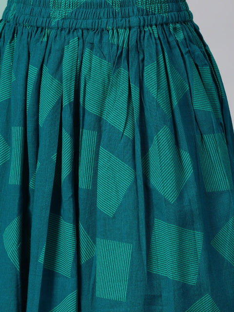 Teal green Gold Geometric printed Kurta set with Skirt