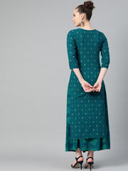 Teal green Gold Geometric printed Kurta set with Skirt