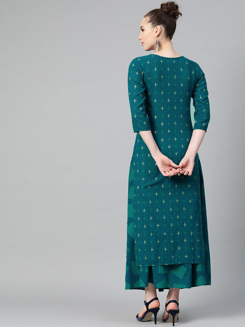Teal green Gold Geometric printed Kurta set with Skirt