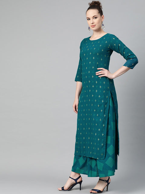 Teal green Gold Geometric printed Kurta set with Skirt