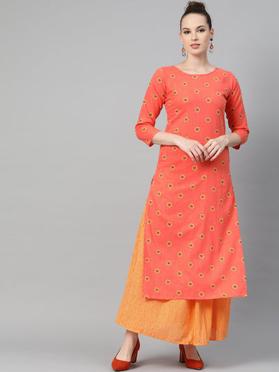 Peach & Mango Yellow Printed Kurta set with Skirt