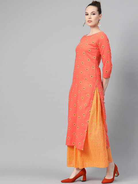 Peach & Mango Yellow Printed Kurta set with Skirt