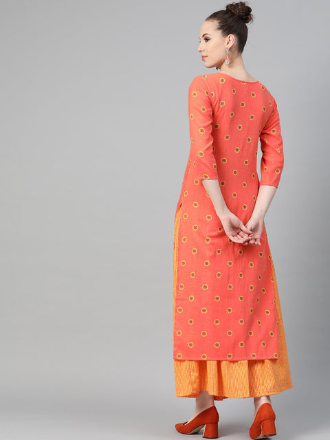 Peach & Mango Yellow Printed Kurta set with Skirt