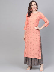 Peach & Grey Gold printed Straight Kurta set with Skirt