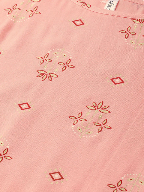 Peach & Grey Gold printed Straight Kurta set with Skirt