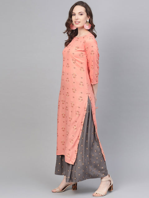 Peach & Grey Gold printed Straight Kurta set with Skirt