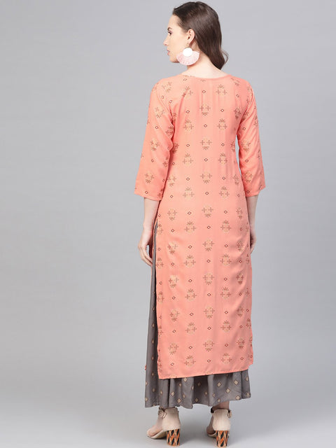 Peach & Grey Gold printed Straight Kurta set with Skirt