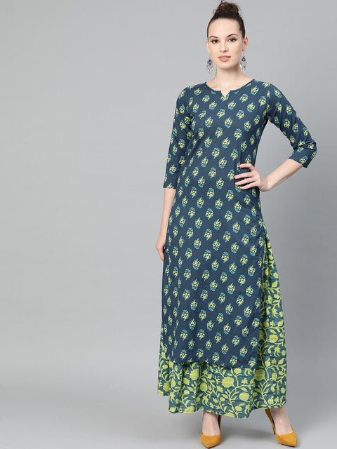 Teal Green & Lime Green Floral Printed Kurta Set with Skirt