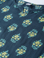 Teal Green & Lime Green Floral Printed Kurta Set with Skirt