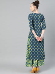 Teal Green & Lime Green Floral Printed Kurta Set with Skirt
