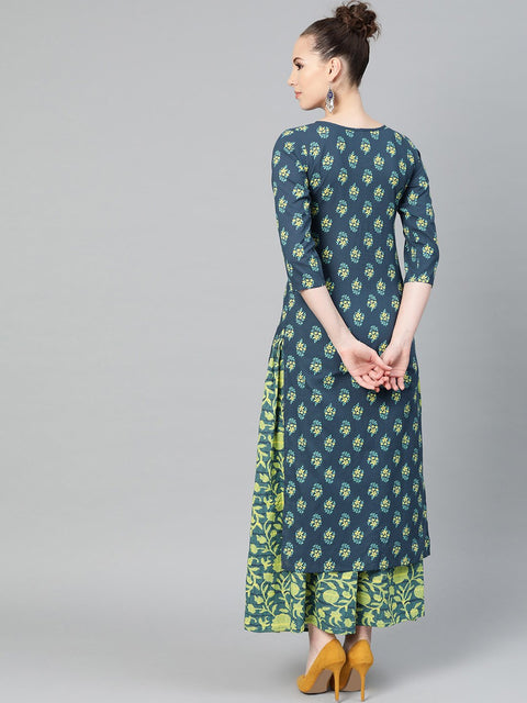 Teal Green & Lime Green Floral Printed Kurta Set with Skirt