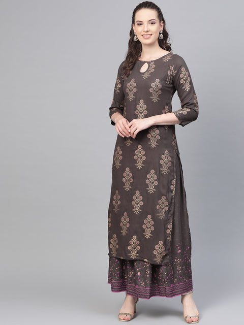 Grey Gold Printed Kurta Set with Skirt