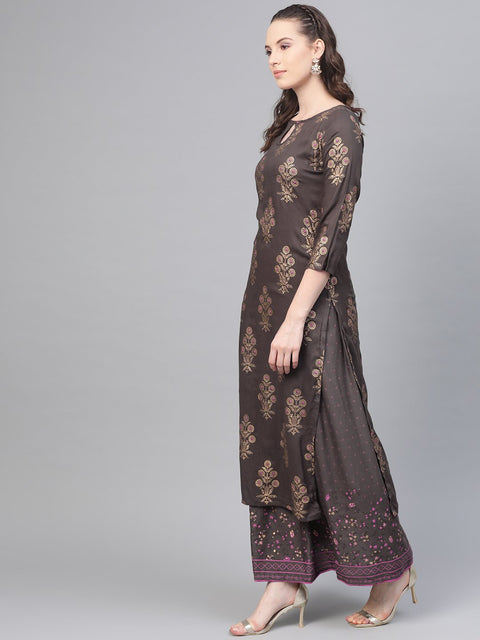 Grey Gold Printed Kurta Set with Skirt