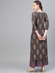 Grey Gold Printed Kurta Set with Skirt
