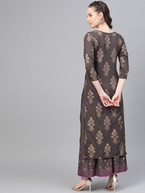 Grey Gold Printed Kurta Set with Skirt