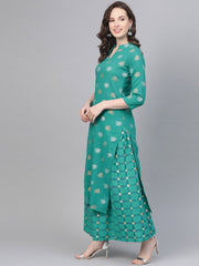 Rama Green Gold Printed Kurta set with Skirt