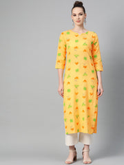 Yellow Multi colored Printed Kurta with Round neck with V & 3/4 sleeves