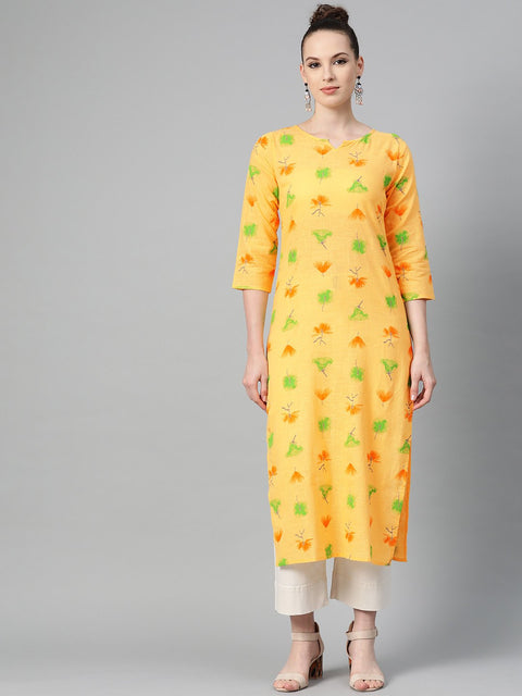 Yellow Multi colored Printed Kurta with Round neck with V & 3/4 sleeves