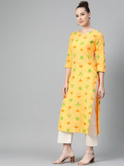 Yellow Multi colored Printed Kurta with Round neck with V & 3/4 sleeves
