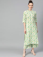 Off-White & Green Printed Kurta with Palazzo