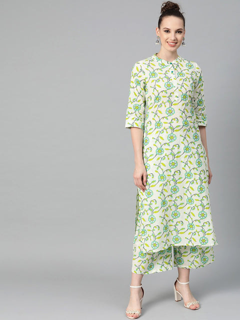 Off-White & Green Printed Kurta with Palazzo