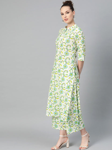 Off-White & Green Printed Kurta with Palazzo
