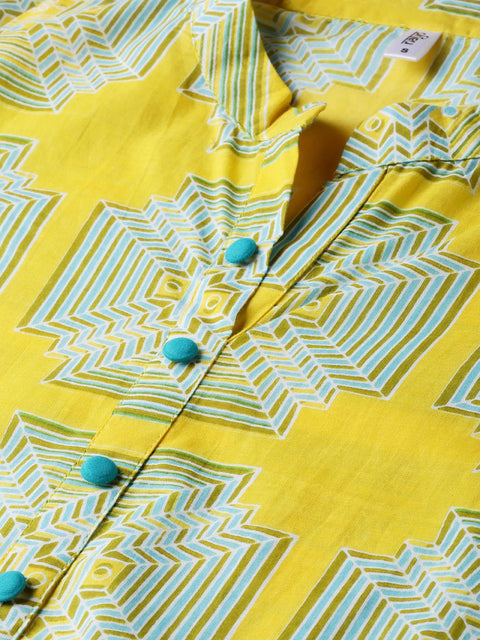 Mustard Printed Straight cotton kurta set with blue pant