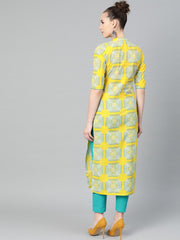 Mustard Printed Straight cotton kurta set with blue pant