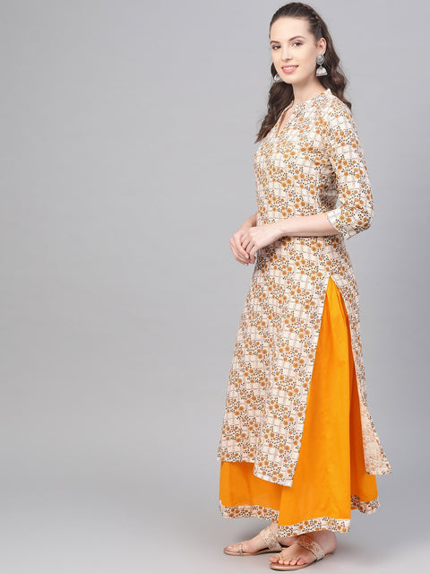 Cream & Yellow Gold floral printed Kurta set with Skirt