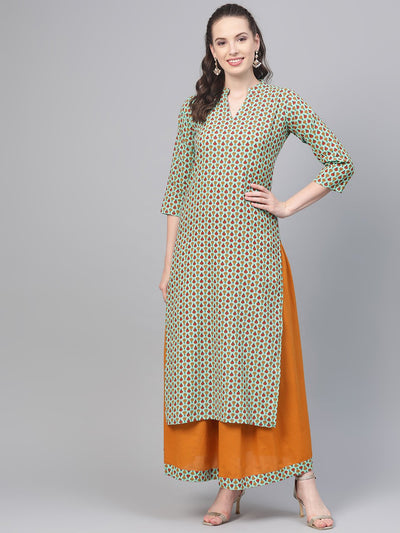 Pastel green Multi Colored Printed Kurta set with Solid Yellow Skirt