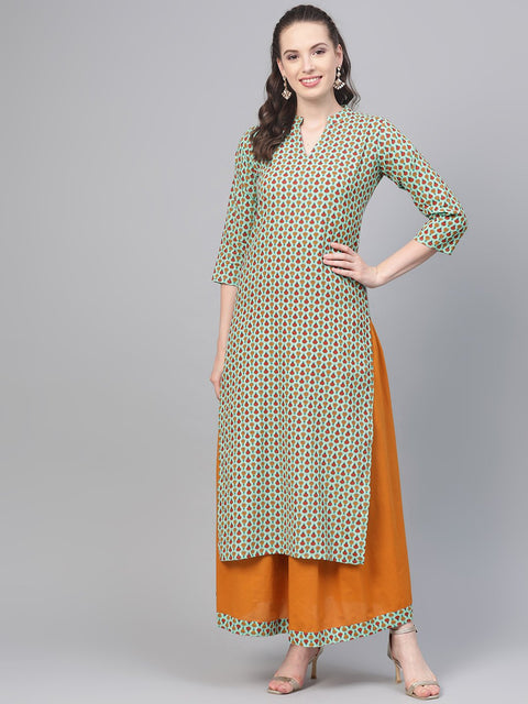 Pastel green Multi Colored Printed Kurta set with Solid Yellow Skirt