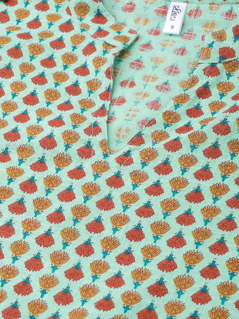 Pastel green Multi Colored Printed Kurta set with Solid Yellow Skirt