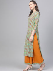 Pastel green Multi Colored Printed Kurta set with Solid Yellow Skirt
