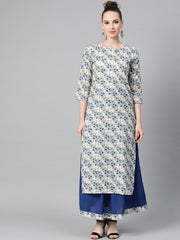 Off-White & Blue gold Floral printed Kurta set with Skirt