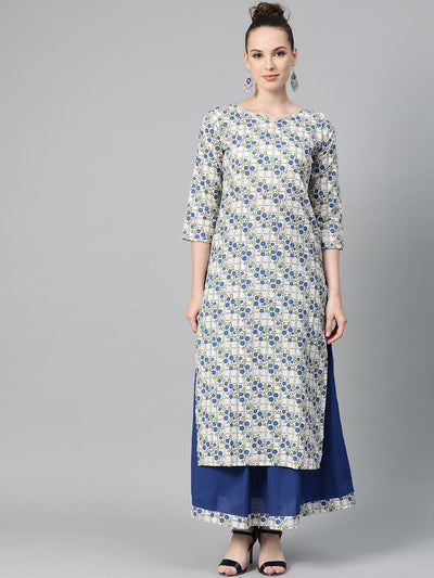 Off-White & Blue gold Floral printed Kurta set with Skirt
