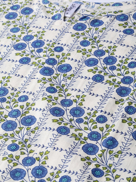 Off-White & Blue gold Floral printed Kurta set with Skirt