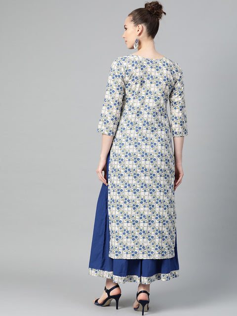 Off-White & Blue gold Floral printed Kurta set with Skirt