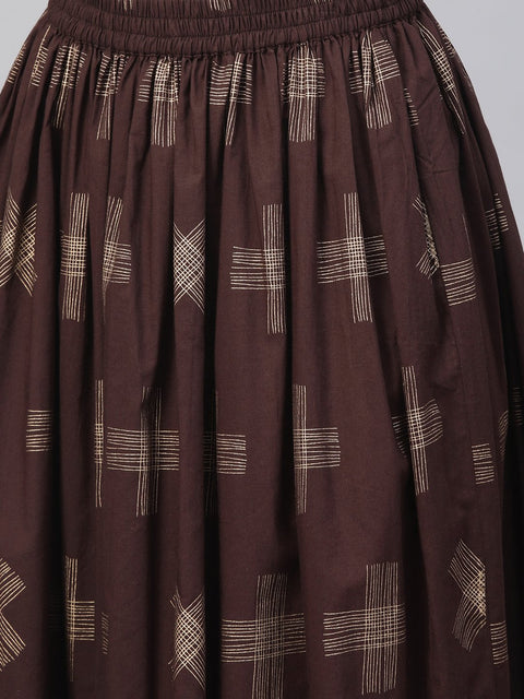 Yellow & dark brown printed Straight Kurta set wih Skirt