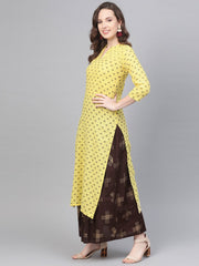 Yellow & dark brown printed Straight Kurta set wih Skirt