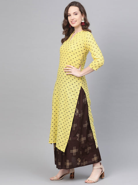 Yellow & dark brown printed Straight Kurta set wih Skirt