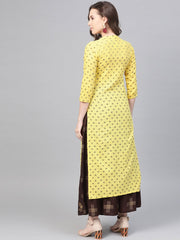 Yellow & dark brown printed Straight Kurta set wih Skirt