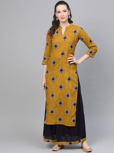 Mustard & Navy blue Straight printed Kurta set with Skirt
