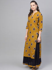 Mustard & Navy blue Straight printed Kurta set with Skirt
