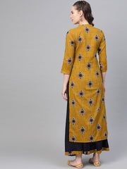 Mustard & Navy blue Straight printed Kurta set with Skirt