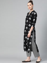 Black & grey Straight Kurta set with Striped Pant