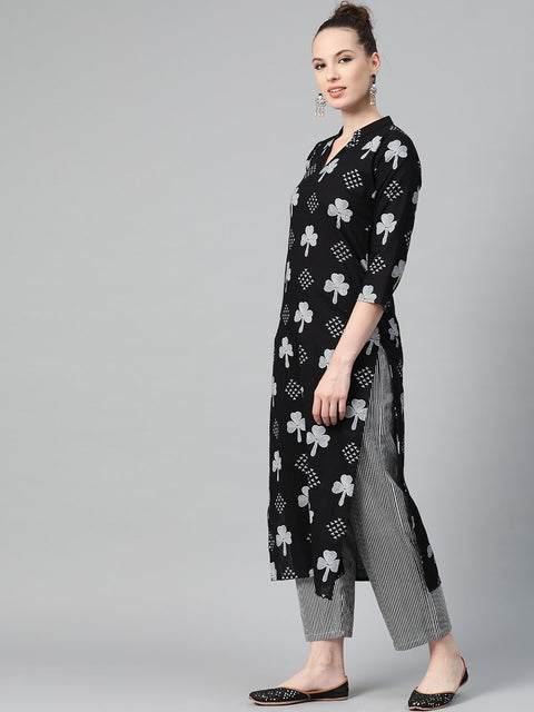 Black & grey Straight Kurta set with Striped Pant