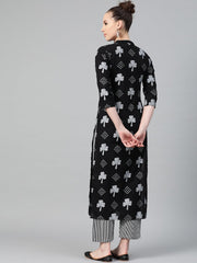 Black & grey Straight Kurta set with Striped Pant