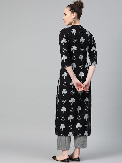 Black & grey Straight Kurta set with Striped Pant