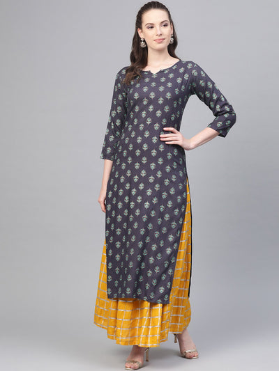 Grey Printed Straight Kurta set with Mango Checked Skirt