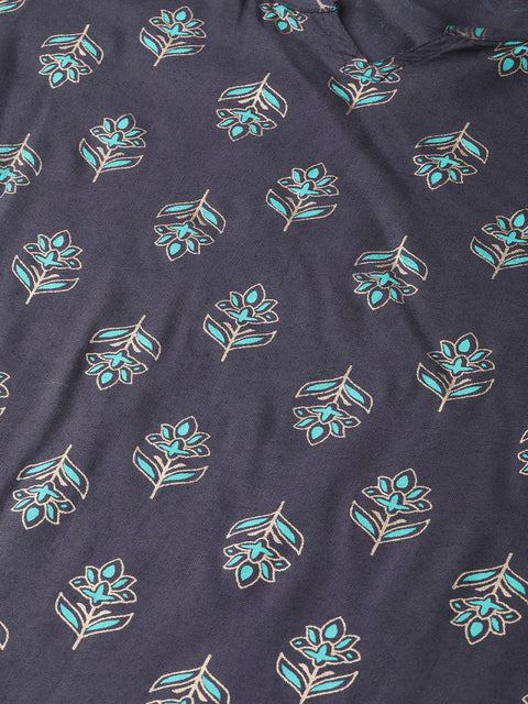 Grey Printed Straight Kurta set with Mango Checked Skirt